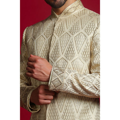 CHAR CHAAND Cream Gota Embroidery Kurta with Churidar & Sherwani with Dupatta (Set of 4)