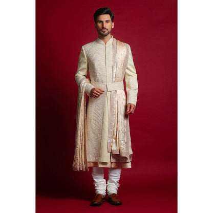 CHAR CHAAND Classic Cream Kurta with Churidar and Sherwani with Dupatta and Belt (Set of 5)