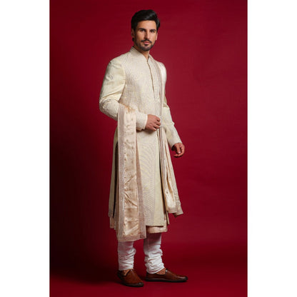 CHAR CHAAND Classic Cream Kurta with Churidar and Sherwani with Dupatta and Belt (Set of 5)