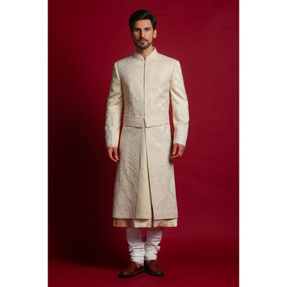 CHAR CHAAND Classic Cream Kurta with Churidar and Sherwani with Dupatta and Belt (Set of 5)