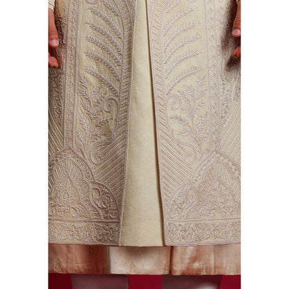 CHAR CHAAND Classic Cream Kurta with Churidar and Sherwani with Dupatta and Belt (Set of 5)