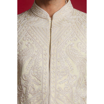 CHAR CHAAND Classic Cream Kurta with Churidar and Sherwani with Dupatta and Belt (Set of 5)
