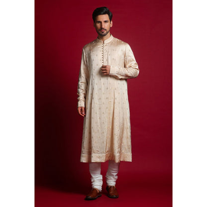 CHAR CHAAND Classic Cream Kurta with Churidar and Sherwani with Dupatta and Belt (Set of 5)