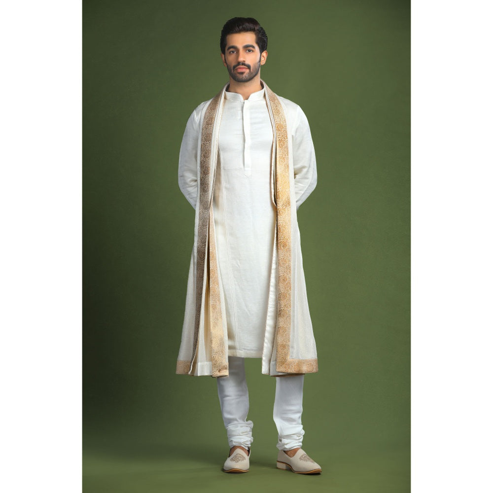 CHAR CHAAND Ivory Glass Embroidered Kurta with Churidar and Sherwani with Dupatta (Set of 4)