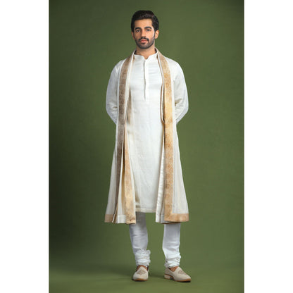 CHAR CHAAND Ivory Glass Embroidered Kurta with Churidar and Sherwani with Dupatta (Set of 4)