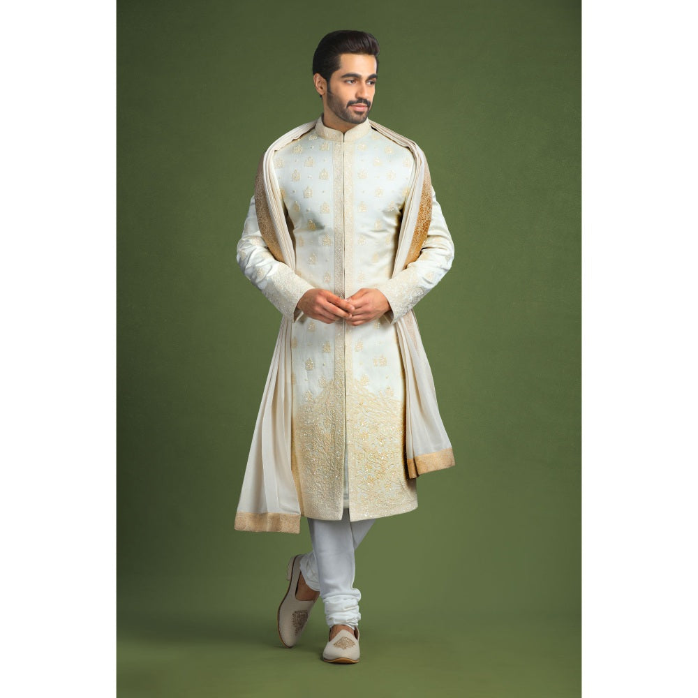 CHAR CHAAND Ivory Glass Embroidered Kurta with Churidar and Sherwani with Dupatta (Set of 4)