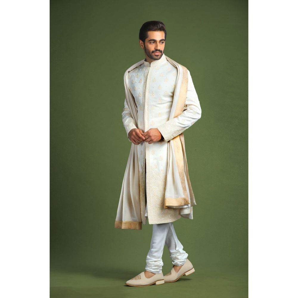 CHAR CHAAND Ivory Glass Embroidered Kurta with Churidar and Sherwani with Dupatta (Set of 4)