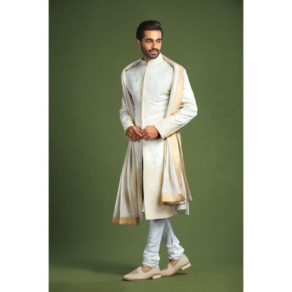 CHAR CHAAND Ivory Glass Embroidered Kurta with Churidar and Sherwani with Dupatta (Set of 4)
