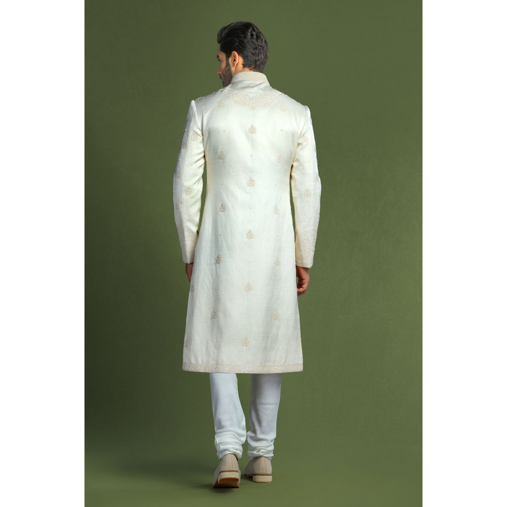 CHAR CHAAND Ivory Glass Embroidered Kurta with Churidar and Sherwani with Dupatta (Set of 4)