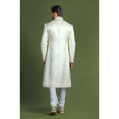 CHAR CHAAND Ivory Glass Embroidered Kurta with Churidar and Sherwani with Dupatta (Set of 4)