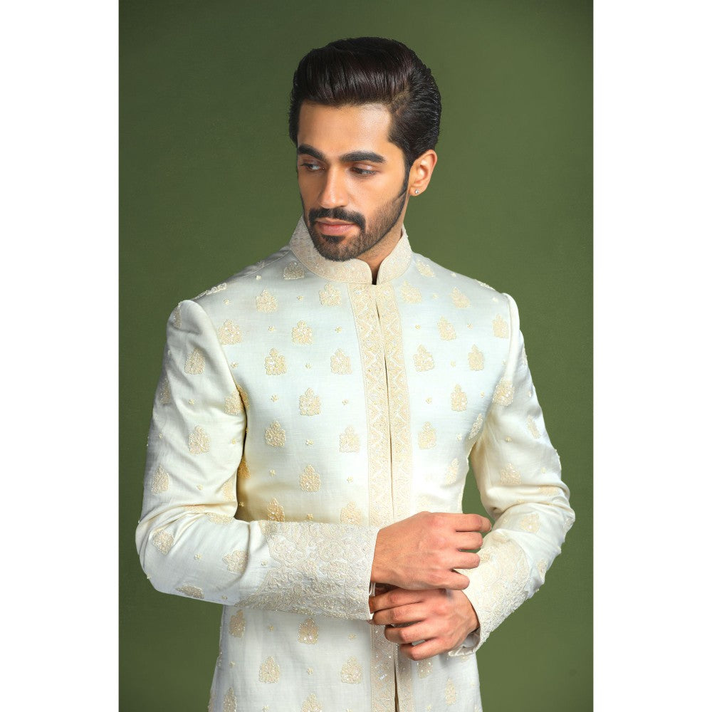 CHAR CHAAND Ivory Glass Embroidered Kurta with Churidar and Sherwani with Dupatta (Set of 4)