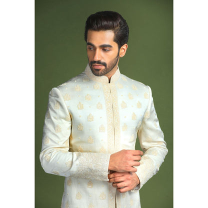 CHAR CHAAND Ivory Glass Embroidered Kurta with Churidar and Sherwani with Dupatta (Set of 4)