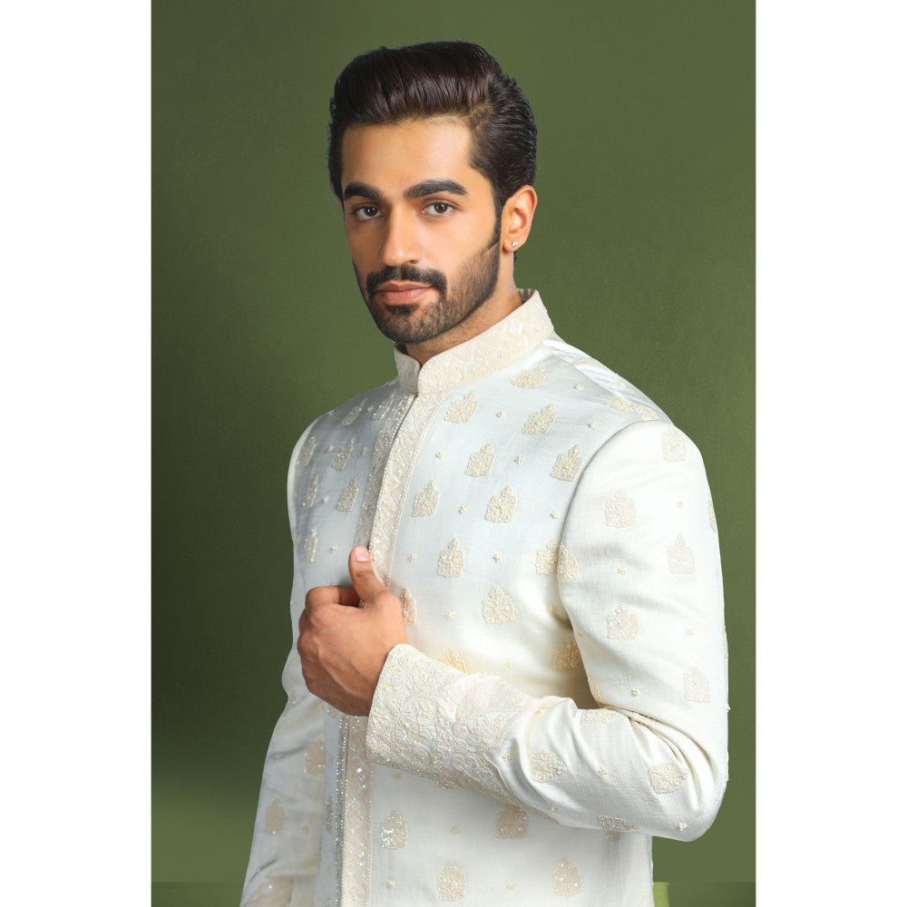 CHAR CHAAND Ivory Glass Embroidered Kurta with Churidar and Sherwani with Dupatta (Set of 4)