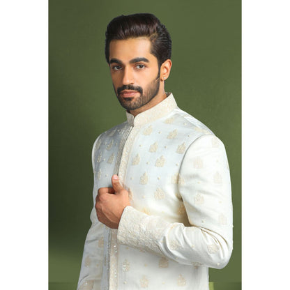 CHAR CHAAND Ivory Glass Embroidered Kurta with Churidar and Sherwani with Dupatta (Set of 4)