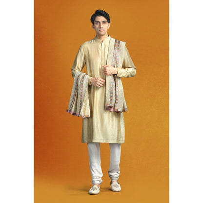 CHAR CHAAND Floral Beige Floral Kurta with Churidar and Sherwani with Dupatta (Set of 4)
