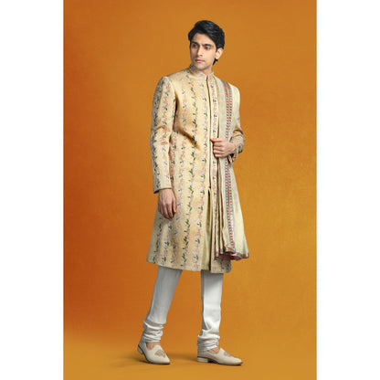 CHAR CHAAND Floral Beige Floral Kurta with Churidar and Sherwani with Dupatta (Set of 4)
