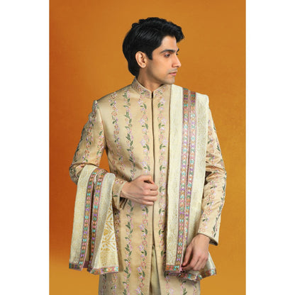 CHAR CHAAND Floral Beige Floral Kurta with Churidar and Sherwani with Dupatta (Set of 4)