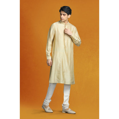 CHAR CHAAND Floral Beige Floral Kurta with Churidar and Sherwani with Dupatta (Set of 4)