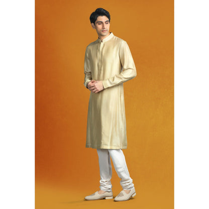 CHAR CHAAND Floral Beige Floral Kurta with Churidar and Sherwani with Dupatta (Set of 4)