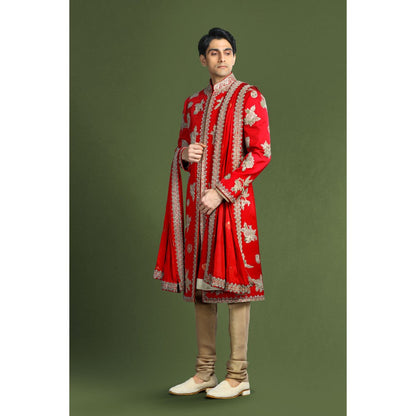 CHAR CHAAND Regal Red Aari Embroidery Kurta with Churidar and Sherwani with Dupatta (Set of 4)