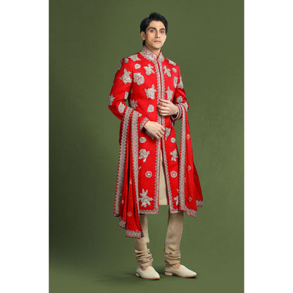 CHAR CHAAND Regal Red Aari Embroidery Kurta with Churidar and Sherwani with Dupatta (Set of 4)