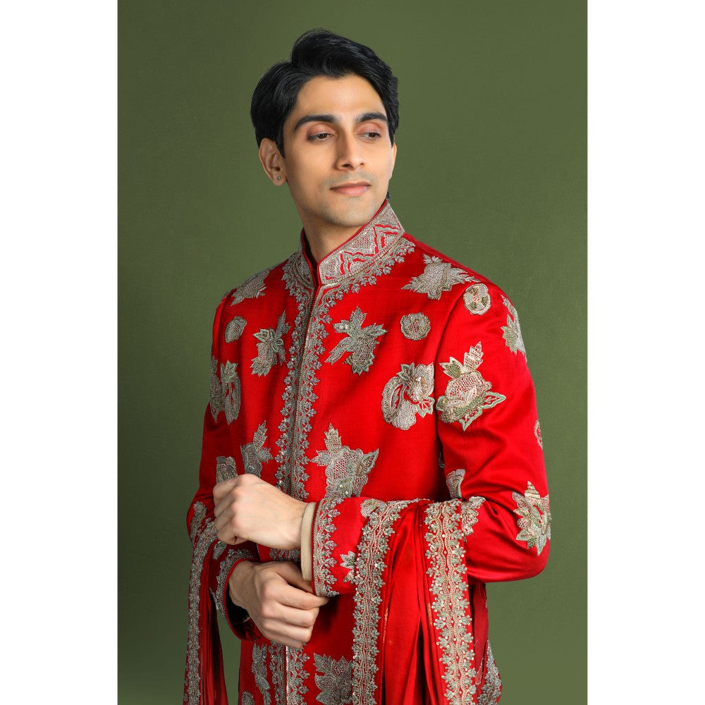 CHAR CHAAND Regal Red Aari Embroidery Kurta with Churidar and Sherwani with Dupatta (Set of 4)