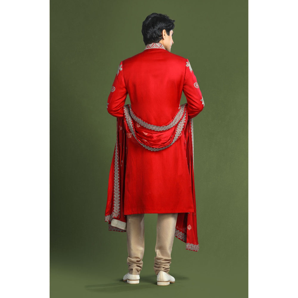 CHAR CHAAND Regal Red Aari Embroidery Kurta with Churidar and Sherwani with Dupatta (Set of 4)