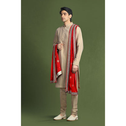 CHAR CHAAND Regal Red Aari Embroidery Kurta with Churidar and Sherwani with Dupatta (Set of 4)