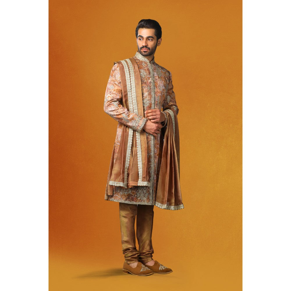 CHAR CHAAND Copper Floral Kurta with Churidar and Sherwani with Dupatta (Set of 4)