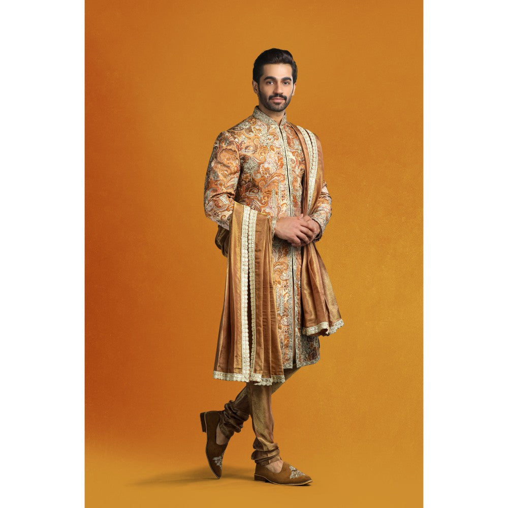 CHAR CHAAND Copper Floral Kurta with Churidar and Sherwani with Dupatta (Set of 4)