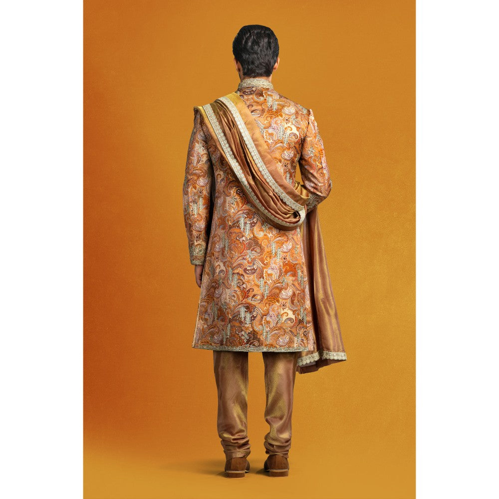 CHAR CHAAND Copper Floral Kurta with Churidar and Sherwani with Dupatta (Set of 4)