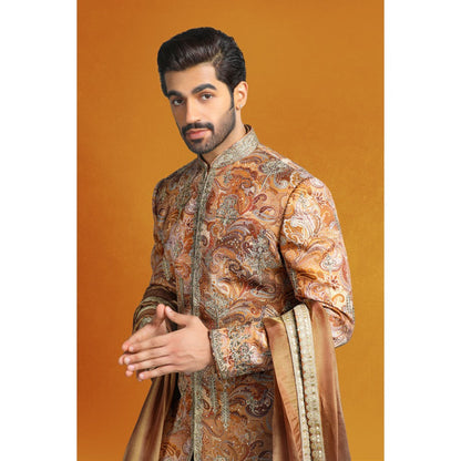CHAR CHAAND Copper Floral Kurta with Churidar and Sherwani with Dupatta (Set of 4)
