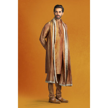 CHAR CHAAND Copper Floral Kurta with Churidar and Sherwani with Dupatta (Set of 4)