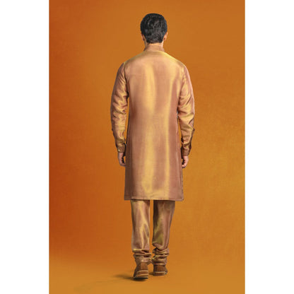 CHAR CHAAND Copper Floral Kurta with Churidar and Sherwani with Dupatta (Set of 4)