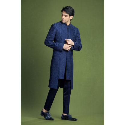 CHAR CHAAND Enchanted Ivory Floral Kurta with Churidar and Sherwani with Dupatta (Set of 4)