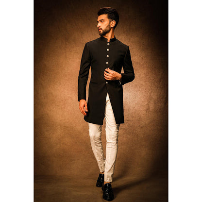 CHAR CHAAND Obsidian Black Achkan Bandhgala
