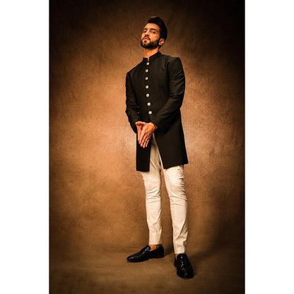 CHAR CHAAND Obsidian Black Achkan Bandhgala
