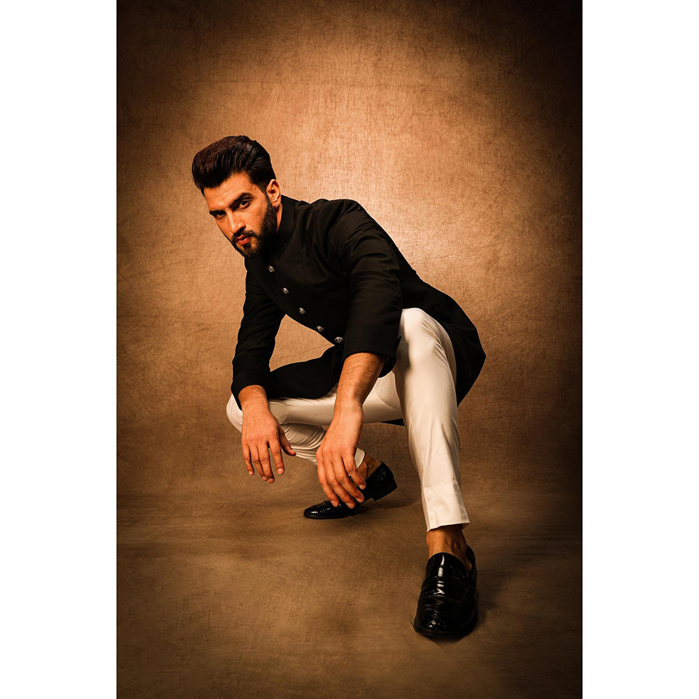 CHAR CHAAND Obsidian Black Achkan Bandhgala