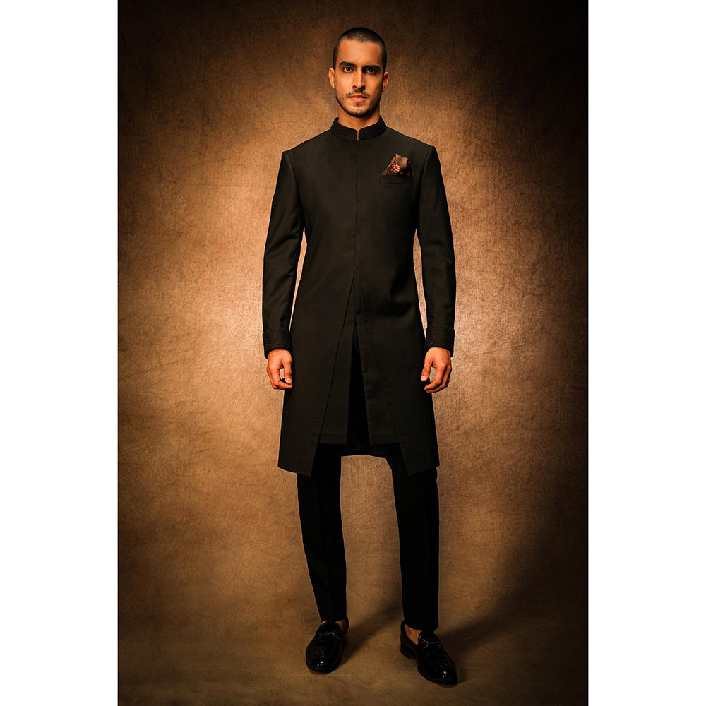CHAR CHAAND Midnight Black V-Cut Achkan Sherwani