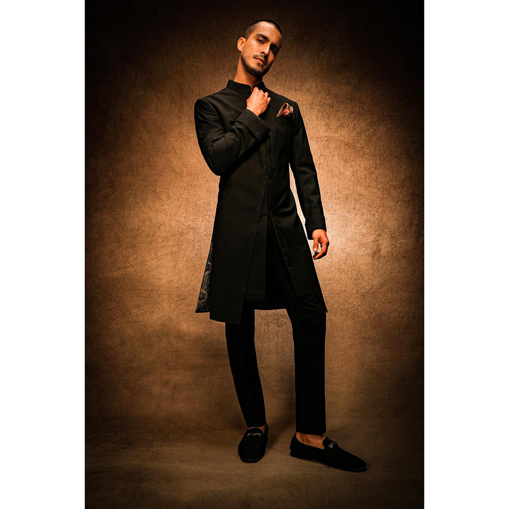 CHAR CHAAND Midnight Black V-Cut Achkan Sherwani