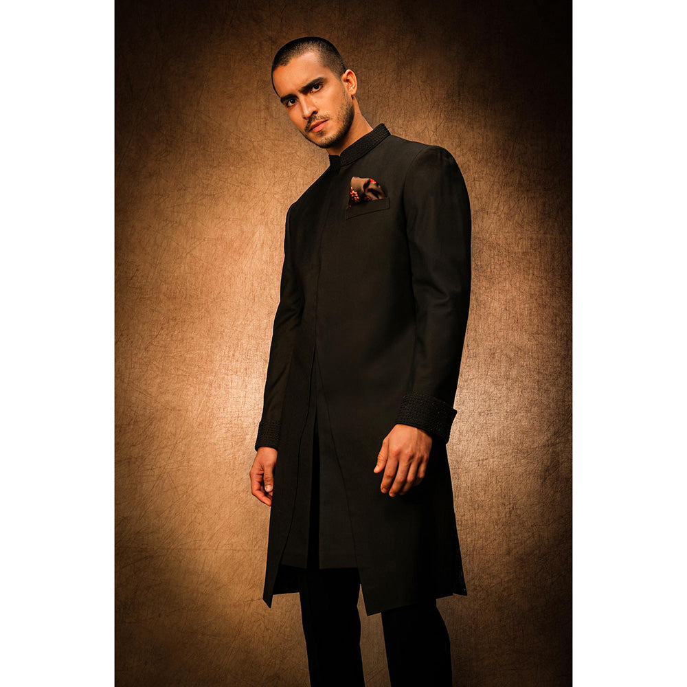 CHAR CHAAND Midnight Black V-Cut Achkan Sherwani