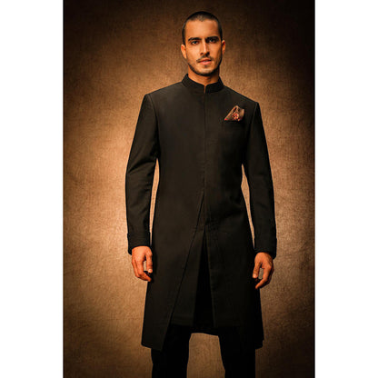 CHAR CHAAND Midnight Black V-Cut Achkan Sherwani