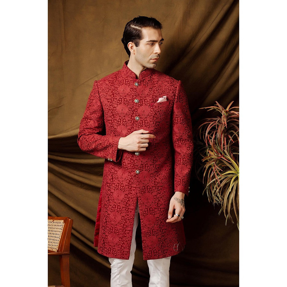 CHAR CHAAND Regal Oxblood Wine Achkan Sherwani