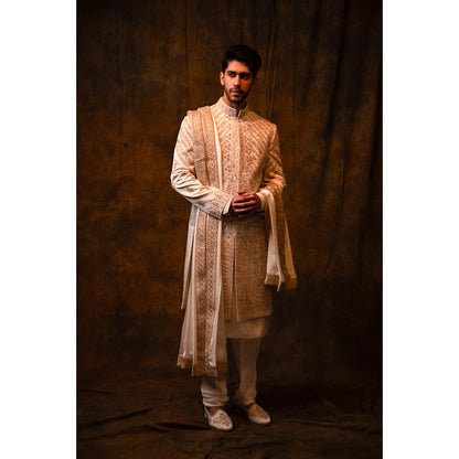 CHAR CHAAND Celestial Ivory Aari and Zardozi Sherwani with Kurta and Churidar with Stole