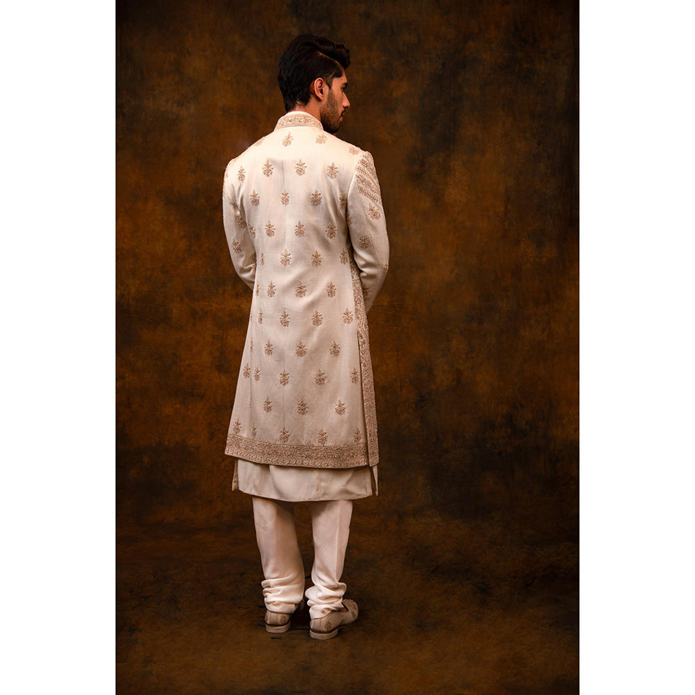 CHAR CHAAND Celestial Ivory Aari and Zardozi Sherwani with Kurta and Churidar with Stole