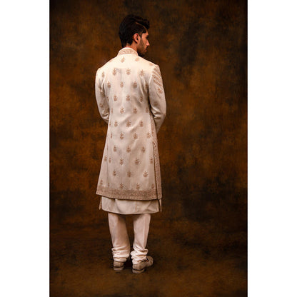CHAR CHAAND Celestial Ivory Aari and Zardozi Sherwani with Kurta and Churidar with Stole
