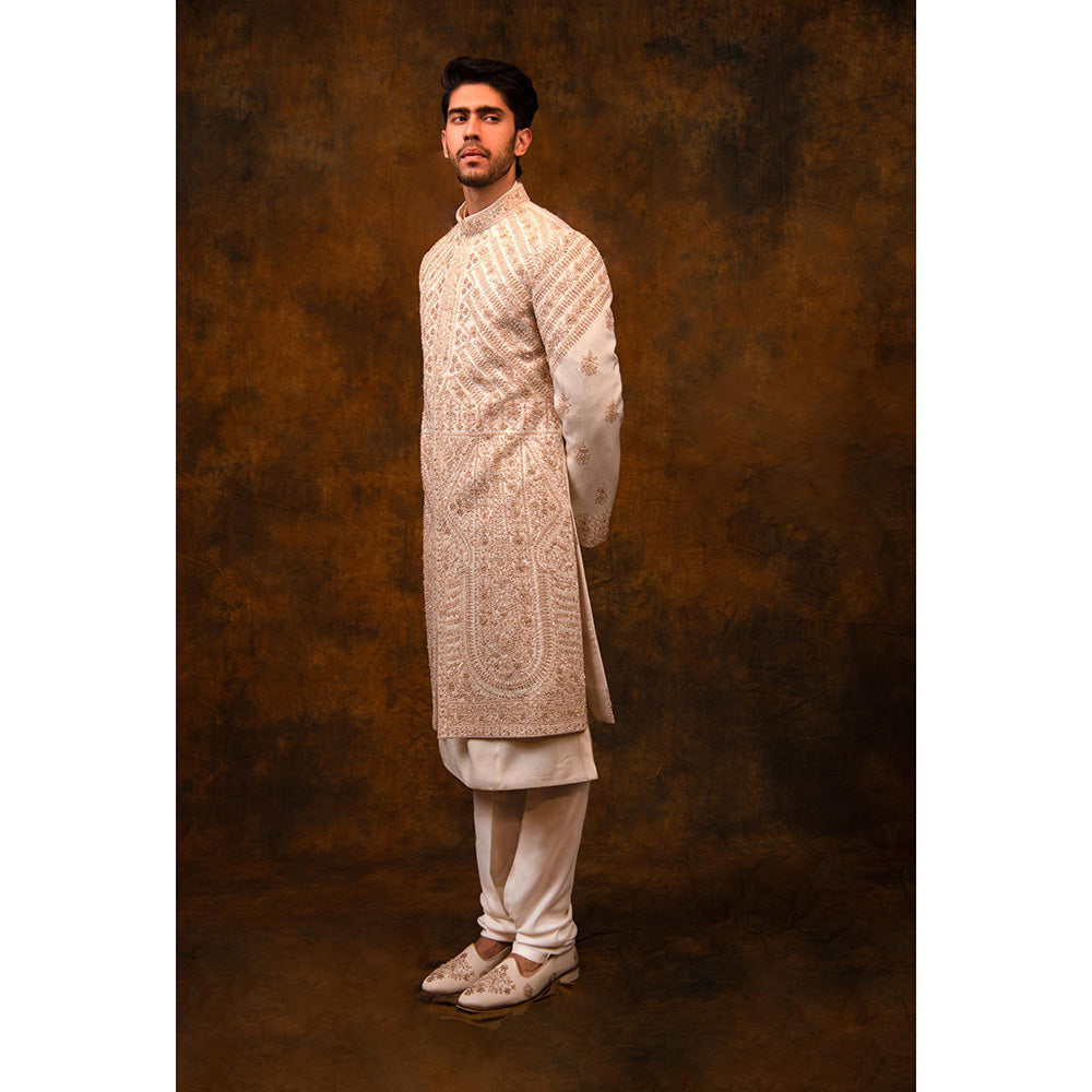 CHAR CHAAND Celestial Ivory Aari and Zardozi Sherwani with Kurta and Churidar with Stole