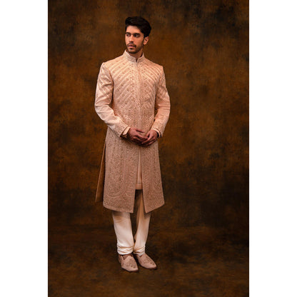 CHAR CHAAND Celestial Peach Aari and Zardozi Sherwani with Kurta and Churidar with Stole