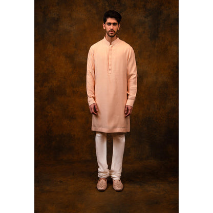 CHAR CHAAND Celestial Peach Aari and Zardozi Sherwani with Kurta and Churidar with Stole
