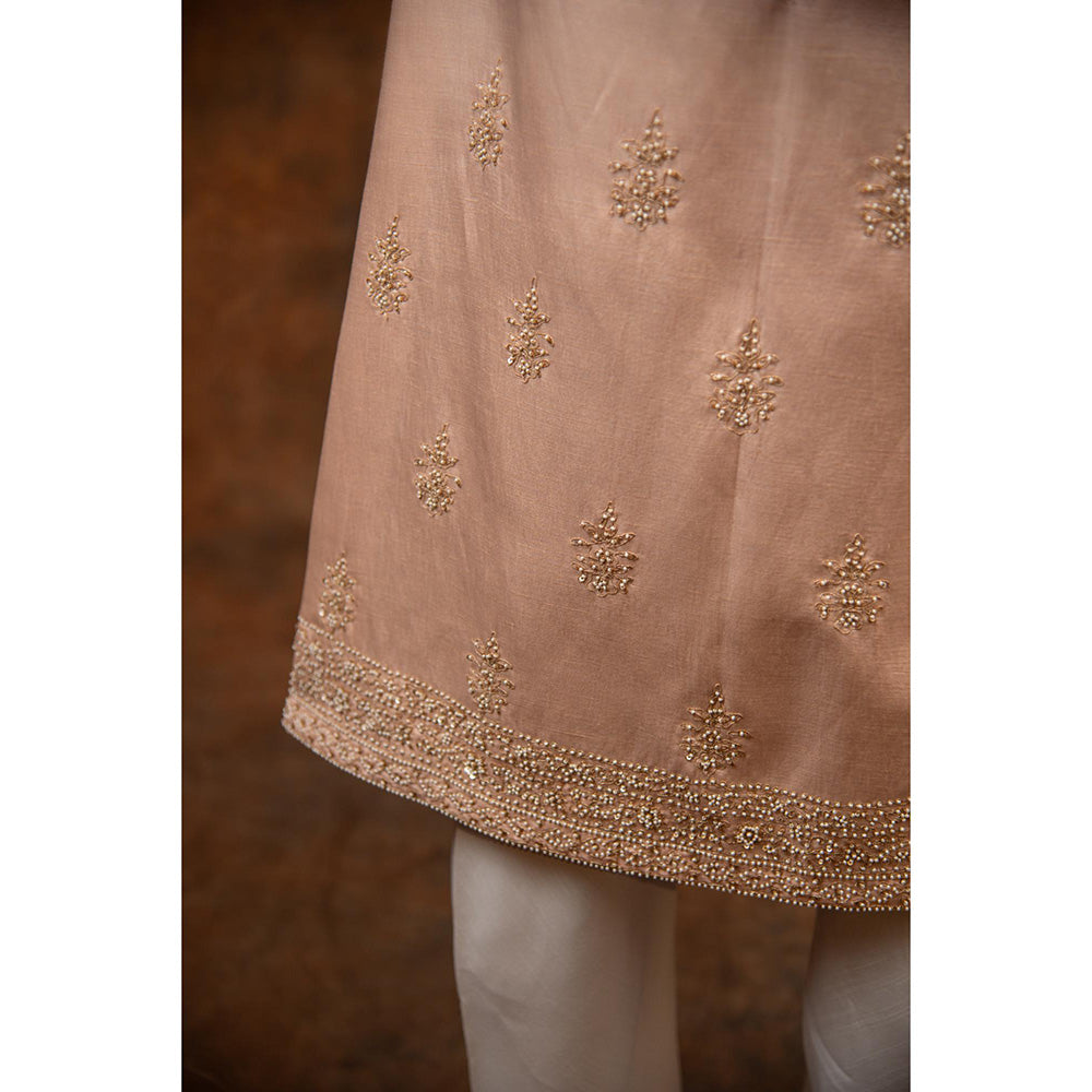 CHAR CHAAND Celestial Peach Aari and Zardozi Sherwani with Kurta and Churidar with Stole
